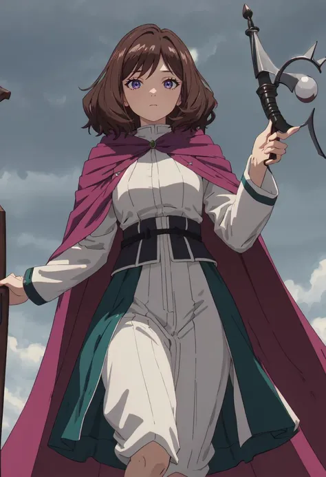 best quality, masterpiece, highres, solo, (ehre_sousounofrieren:1.10), 1girl, cloak, long sleeves, closed mouth, holding staff, looking at viewer, purple cape, anime_style, 1 <lora:ehre_sousounofrieren:0.80>