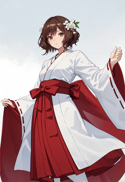 best quality, masterpiece, highres, solo, (ehre_sousounofrieren:1.10), (white kimono:1.35), (red hakama:1.35), (wide sleeves:1.20), anime_style, 16 <lora:ehre_sousounofrieren:0.80>