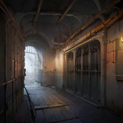 a darkened corridor, harsh lighting, rusty iron bars, desolate interior environment, a prison, a jail, a terrifying scenario.,,,...