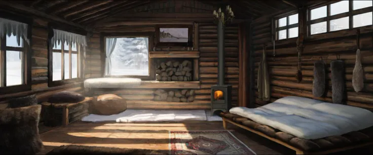 a wooden cabin interior during the morning with bright sunlight shining while raining with fur rugs and a fireplace,  <lora:deta...