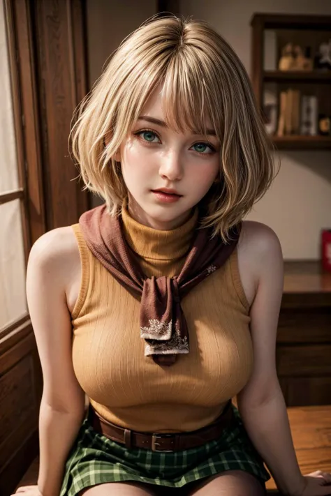 one cute girl, super model, solo, pale skin, blonde hair, short hair, bangs, prefect face, green eyes, blush, red lips, parted lips, (huge breasts), thin waist, (thighs), BREAK red scarf, orange sweater, sleeveless turtleneck, green miniskirt, belt, (panty...