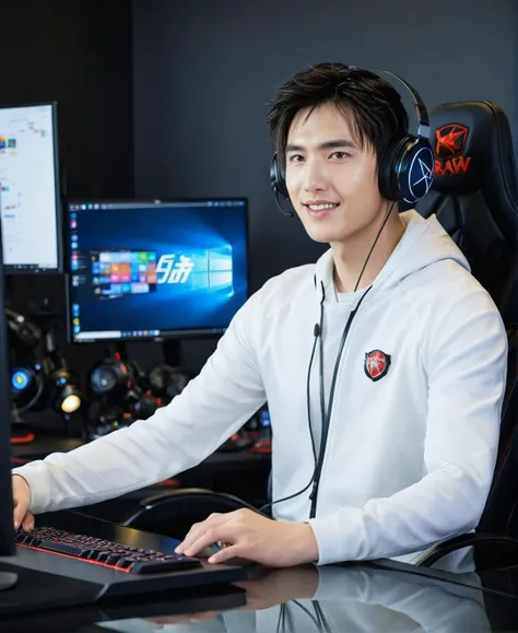 arafed man sitting at a desk with a computer and headphones