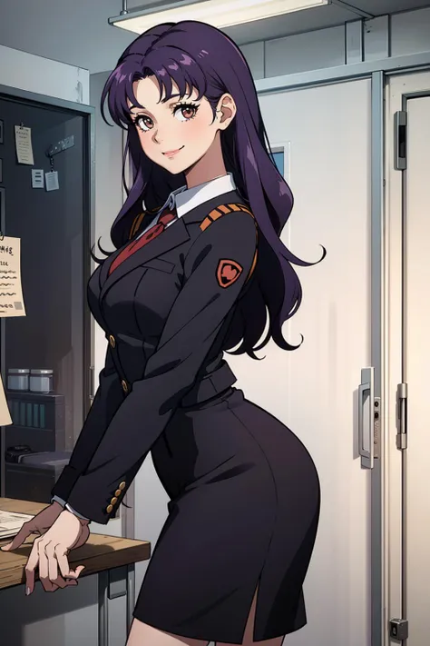 masterpiece, best quality, 1girl, solo, looking at viewer, <lora:EPngeKatsuragiMisato-08:0.75>, EPngeKatsuragiMisato , purple hair, brown eyes, long hair, smile, detailed background, cowboy shot, formal, suit, pencil skirt,wearing edgpdress <lora:edgPencil...