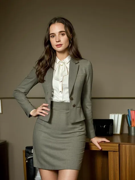 ((Masterpiece, best quality,edgQuality,photorealistic)),(smile:0.85),(office background) edgpdress, aliciavikander-ti, solo,formal, suit, pencil skirt,wearing edgpdress. in the office. <lora:edgPencilDressv3:1>  <lora:picxer_real:0.5>