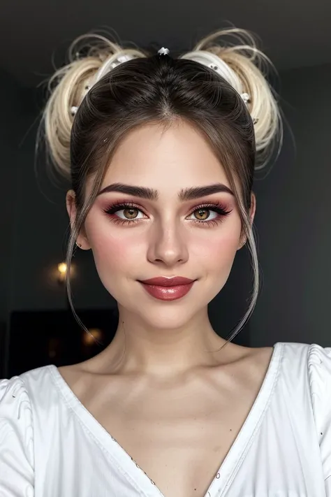 headshot photo of <lora:sd15_locon_JessyHartel_32_v2-000010:.9> JessyHartel wearing makeup plum lipstick wing eyeliner open mouth, focus on smiling face, wearing a <lora:edgPencilDress_MINI:0.8> edgpdress , her light white hair is styled as messy ponytail,