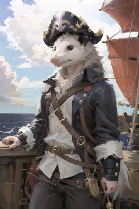 pirate rat on a ship with a gun and a hat