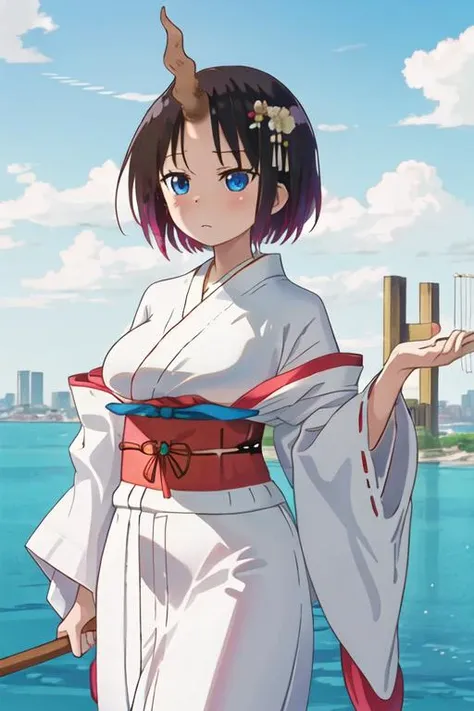 best quality, masterpiece, highres, solo, {white kimono:1.35}, {red hakama:1.35}, {wide sleeves:1.20}, {elma_kobayashisanchinomaidragon:1.15}, black_hair, multicolored_hair, purple_hair, gradient_hair, short_hair, blue_eyes, blush, breasts, large_breasts