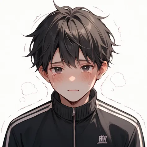 anime boy with black hair and black jacket looking at camera