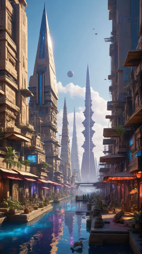 A stunning fusion of futuristic fantasy Egyptian architecture and Japanese aesthetics, with towering metropolis structures that resemble Coruscant from Star Wars. The city is a vibrant mix of royal blue, purple, red, and other bold colors, creating an othe...