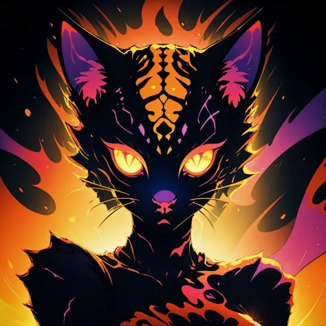 a close up of a cat with glowing eyes and flames