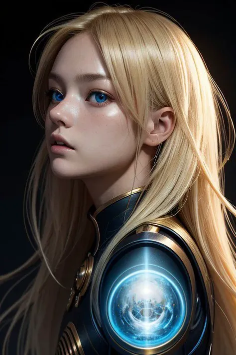 a woman with long blonde hair and blue eyes in a futuristic suit