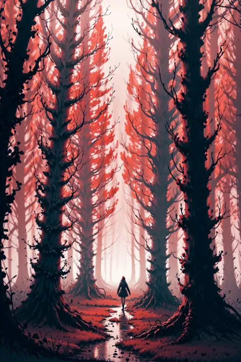 a painting of a person walking through a forest with trees