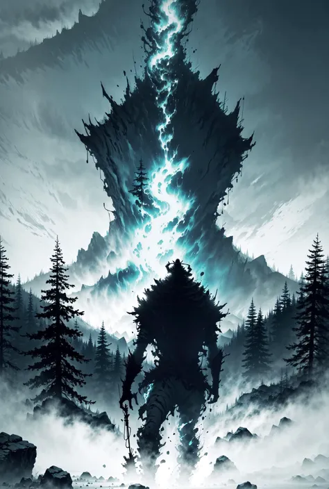 a dark - skinned creature stands in front of a mountain with a glowing light