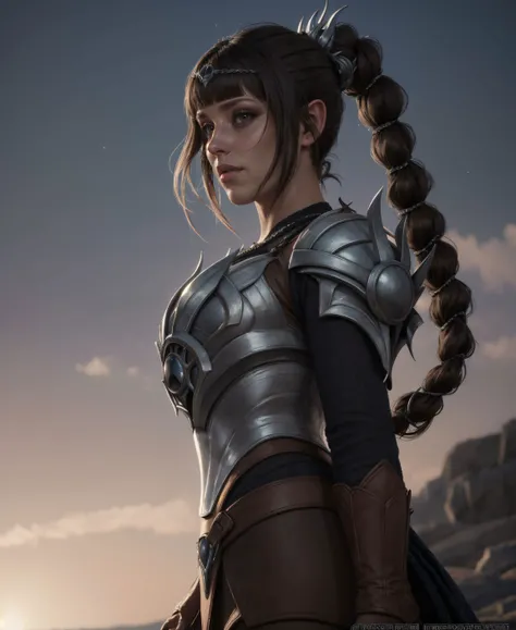 masterpiece painting, comic book cover, dsshadowheart, pointy ears, commanding facial features, (sharp facial features:1.4), (wearing breastplate with pauldrons), long black hair, braided ponytail, bangs, thigh up, simple plain background, fantasy dungeons...