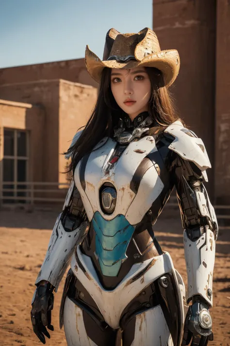 (Best Quality, Masterpiece:1.4), (Realism:1.2), (Realisitc:1.2), (Absurdres:1.2), (photorealistic:1.3), 1girl,Realistic Skin,Solo,( Very Big Eyes,beautiful detailed eyes, symmetric eyes), (cowboy shot:1.4),md mecha,<lora:æºç²æå£«:0.5>, outdoors,