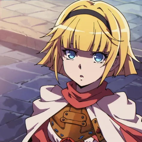 anime girl with blonde hair and blue eyes in a red cape