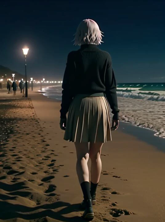 arafed woman walking on the beach at night with a light on