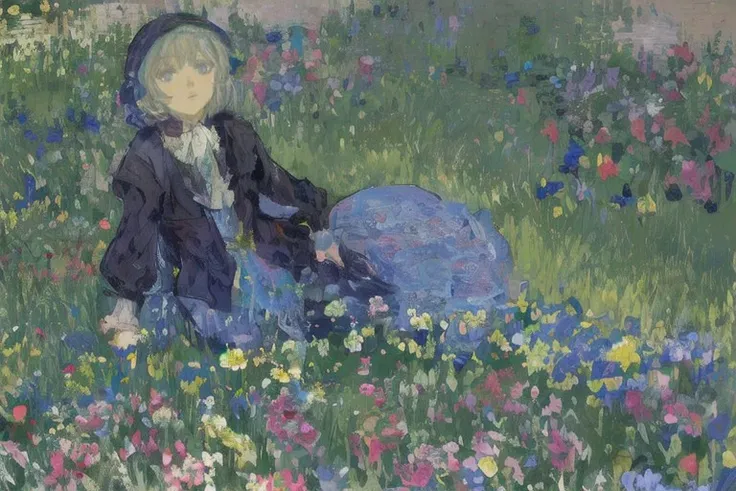 painting of a woman in a field of flowers with a parasol