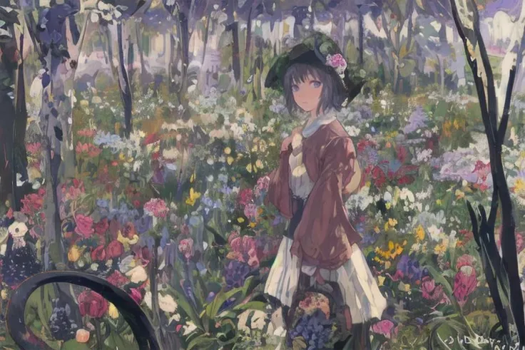 painting of a girl in a garden with flowers and a bike