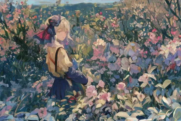 painting of a woman in a field of flowers with a hat