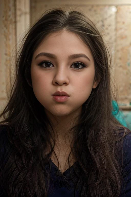 a close up of a young woman with long hair and a blue shirt