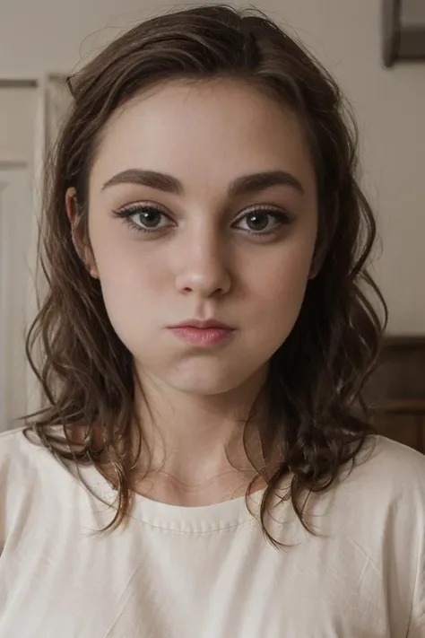 a close up of a young woman with a white shirt on