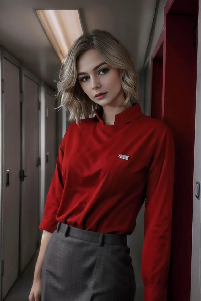 a woman in a red shirt and grey skirt standing by a wall