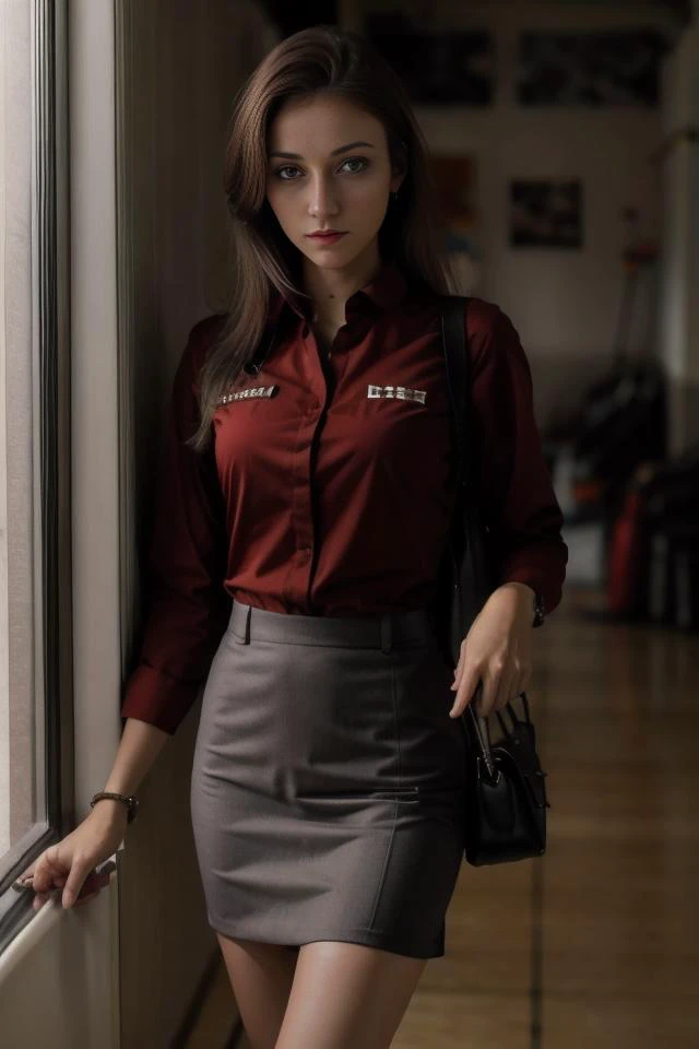 a woman in a red shirt and grey skirt standing by a window