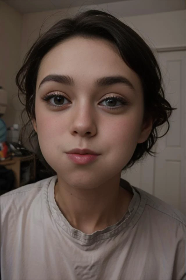 a close up of a woman with a white shirt and a brown hair