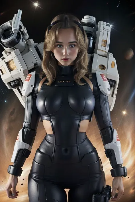 a woman in a black suit holding a gun and a sci - fiction style gun