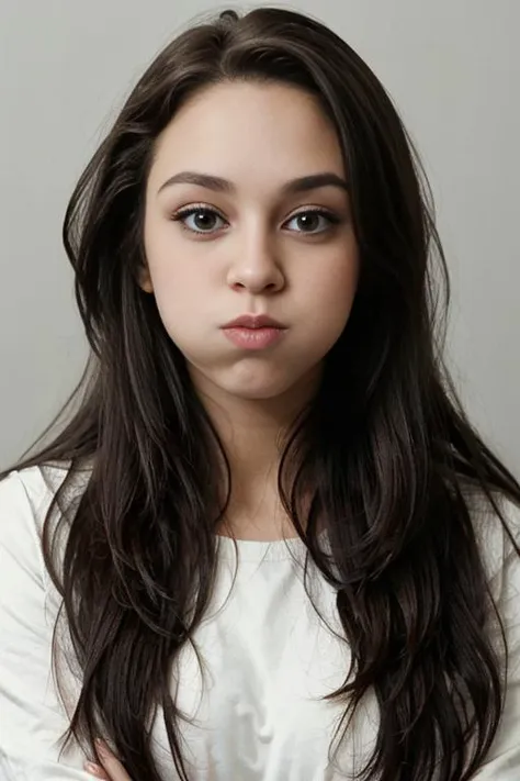 a close up of a young woman with long hair and a white shirt