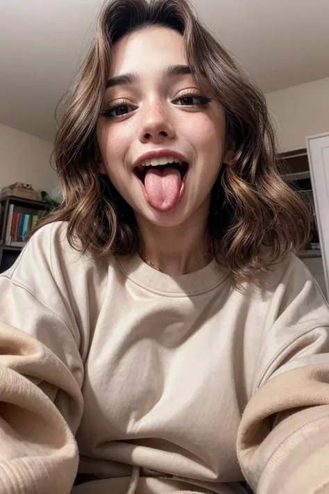 <lora:Shubble:.9>, long brown hair, looking at viewer, serious, mouth open, tongue out, close up, inside bedroom, high quality, masterpiece, <lora:Tongues_V62:0.50> tongue out, ahegao face, wide open mouth, wearing an ((oversized sweatshirt)) better_oppai,...