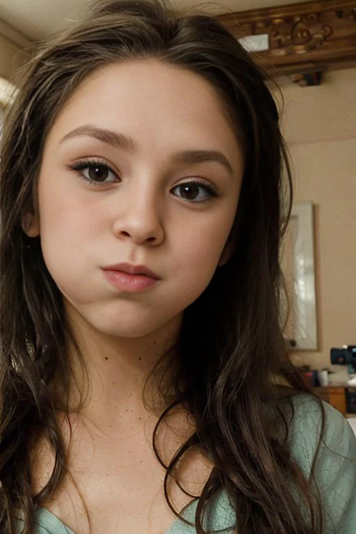 a close up of a young girl with long hair and a green shirt