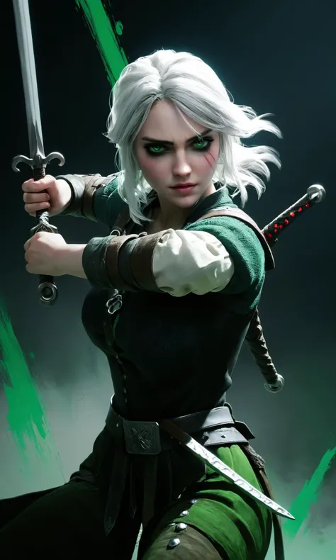 a woman with white hair and green eyes holding a sword