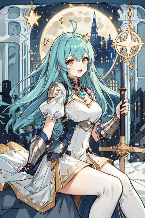 a woman with long blue hair sitting on a bed holding a sword