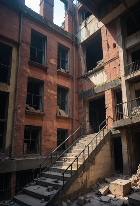 arafed building with a staircase and a bunch of windows