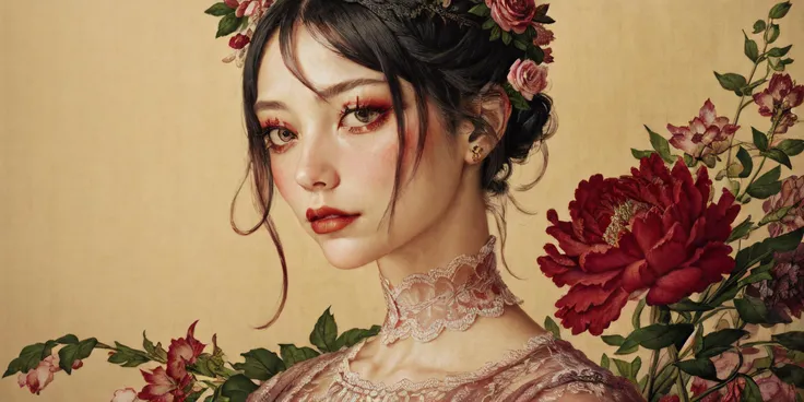 Close-up portrait,female subject,floral-themed makeup,dried roses,romantic aesthetic,sheer fabric with lace details,warm color palette,focused gaze,chiaroscuro lighting,emotional intensity,traditional and contemporary blend.,
<lora:langshining-1123:0.7>,