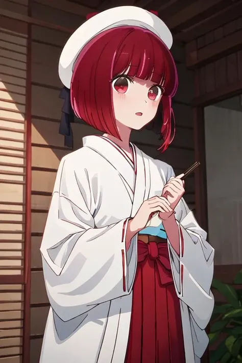 best quality, masterpiece, highres, solo, {white kimono:1.35}, {red hakama:1.35}, {wide sleeves:1.20}, {arima_kana_oshinoko:1.15}, short_hair, bangs, red_hair, blunt_bangs, bob_cut, red_eyes, hat