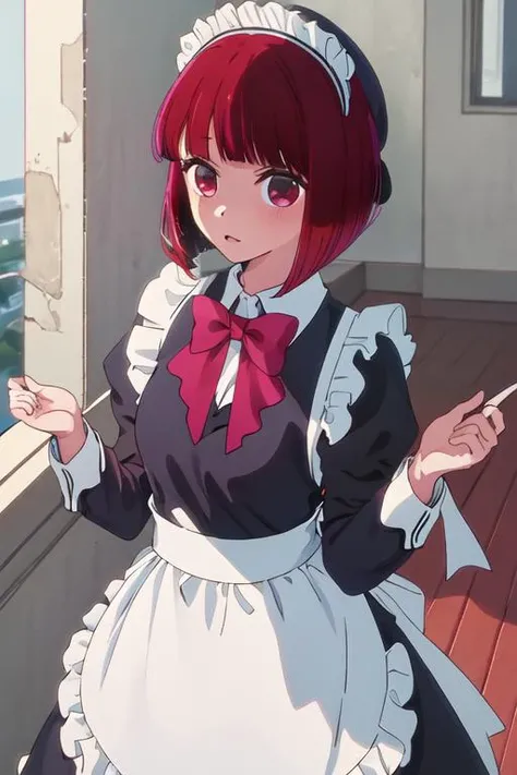 best quality, masterpiece, highres, solo, {maid:1.40}, {long maid dress:1.15}, {arima_kana_oshinoko:1.15}, short_hair, bangs, red_hair, blunt_bangs, bob_cut, red_eyes, hat