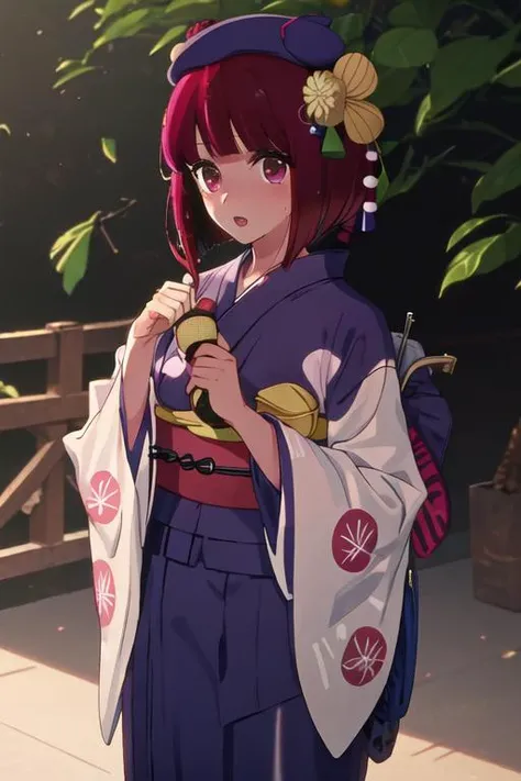 best quality, masterpiece, highres, solo, {yukata:1.40}, {kimono:1.20}, {arima_kana_oshinoko:1.15}, short_hair, bangs, red_hair, blunt_bangs, bob_cut, red_eyes, hat