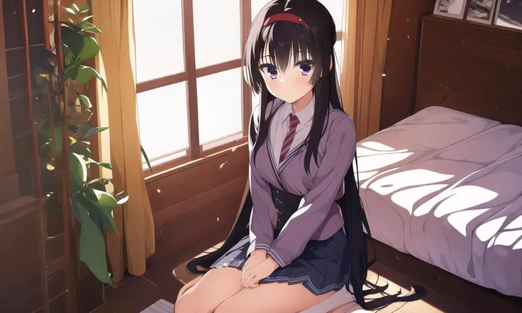 masterpiece, best quality, 1 girl, <lora:nijouinHazukiRiddleJoker_v1E1:1>, hazuki, black hair, long hair, red hairband, purple eyes, school uniforms, cowboy shot, room, sitting on bed