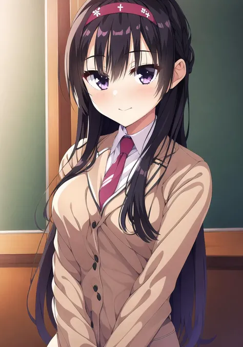 masterpiece, best quality, 1 girl, <lora:nijouinHazukiRiddleJoker_v1E1:0.9>, hazuki, black hair, long hair, red hairband, purple eyes, school uniforms, classroom