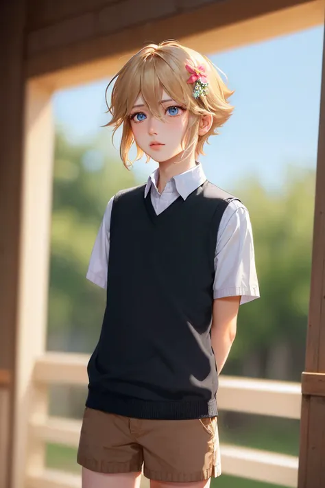 (masterpiece, best quality:1.2), cowboy shot, solo, male focus, 1boy, omoribasil, expressionless, arms behind back, blonde hair, head flower, white shirt, short sleeves, sweater vest, brown shorts <lora:omori_basil:1.0>