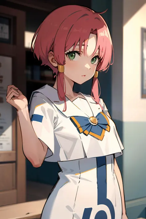 anime girl with pink hair and a white shirt and blue skirt