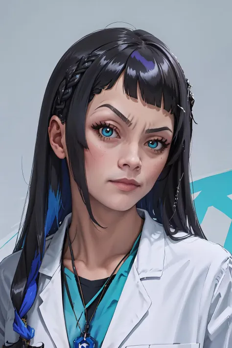 anime character with long black hair and blue eyes wearing a lab coat