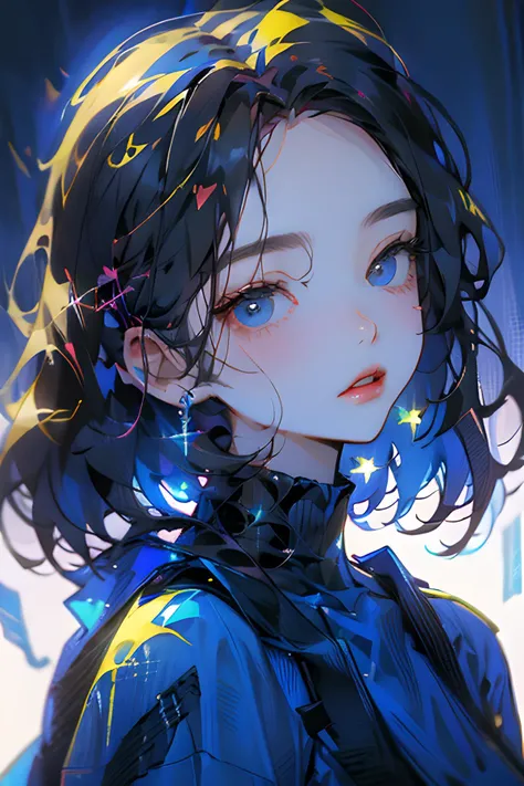 (runstyle), Draw a light on a blue, faced k-pop girls face, (masterpiece:1.1),hi-res,4k,extremely delicate and beautiful art,pastel color,anime,beautiful detailed eyes,1 anime girl, in the style of dark Fluorescent, (light on yellow and blue), light bronze...