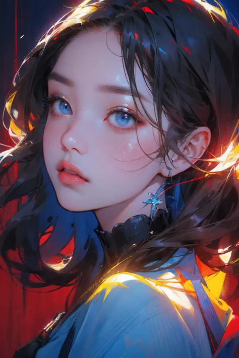 (runstyle), ((Draw a light on a blue)), faced k-pop girls face, (masterpiece:1.1),hi-res,4k,extremely delicate and beautiful art,pastel color,anime,beautiful detailed eyes,1 anime girl, in the style of dark Fluorescent, (light on red and blue), light bronz...