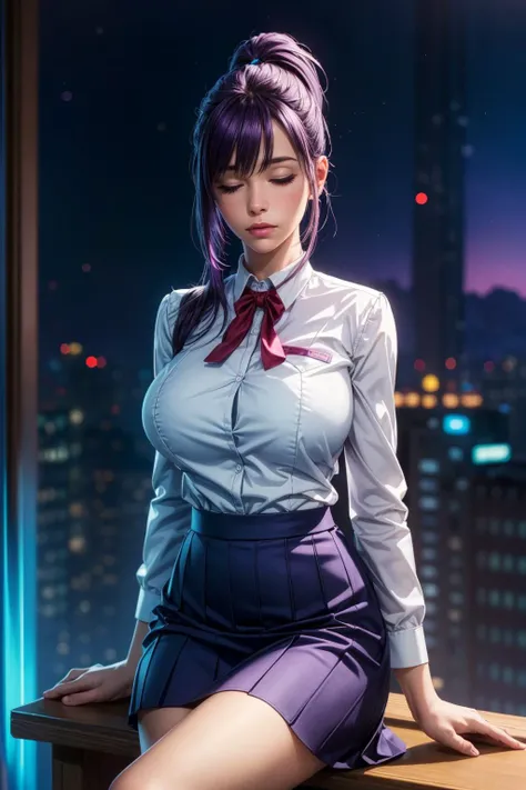 (ultra realistic,32k, masterpiece:1.2),(high detailed skin:1.1),( high quality:1.1),
<lora:Jin-Ah Sung:0.6>purple hair, ponytail, (purple eyes:0.6), blue school uniform, skirt_, huge breast,(looking at viewer, sitting, crossed legs:1.1),,  <lora:add_detail...