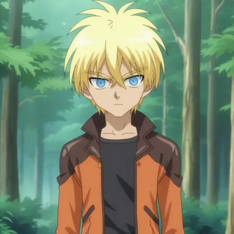 a man with blonde hair and blue eyes standing in a forest