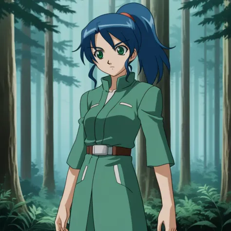 a woman in a green uniform standing in a forest